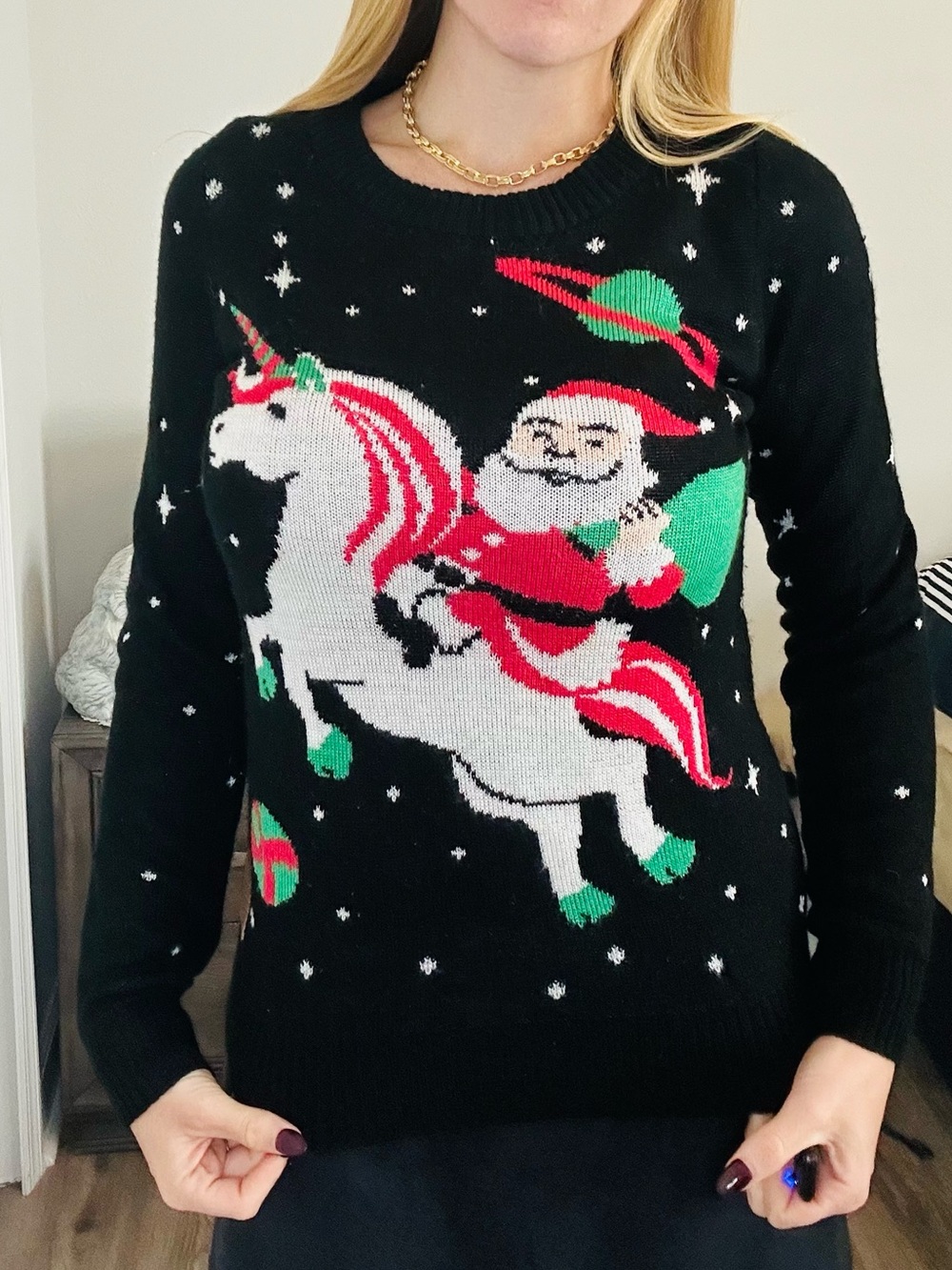 Tipsy Elves Black Holiday Unicorn & Santa Sweater with Red and Green Accents
